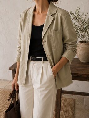 Massimo Dutti NWT Sand Beige Raw Hem Utility Jacket Minimalist Chore Blazer S